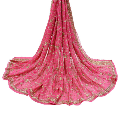 Indian Vintage Heavy Pink Bridal Dupatta Pure Georgette Silk Hand Embroidered Zardozi, Dabka, Zari Work Party Wear Long Stole