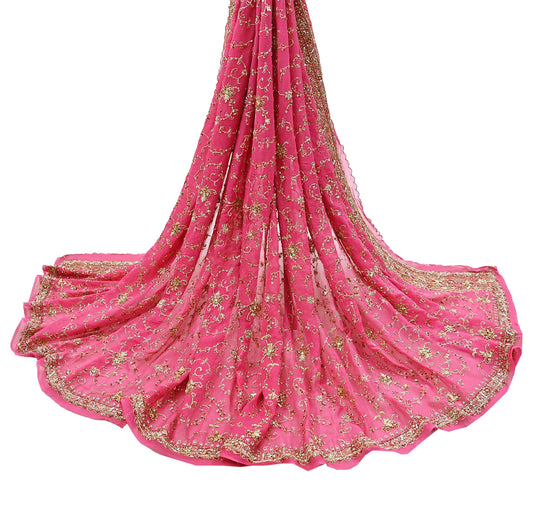 Indian Vintage Heavy Pink Bridal Dupatta Pure Georgette Silk Hand Embroidered Zardozi, Dabka, Zari Work Party Wear Long Stole