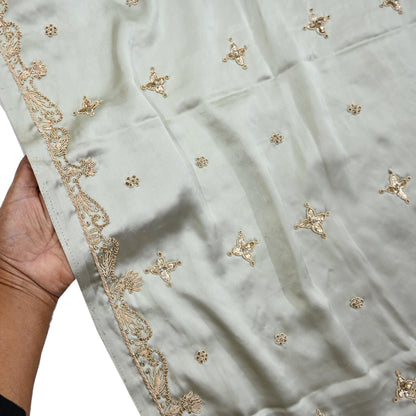 Indian Vintage Heavy Wedding Gray Dupatta Pure Satin Silk Long Stole Hand Embroidered Scarves Golden Zardozi Bridal Veil