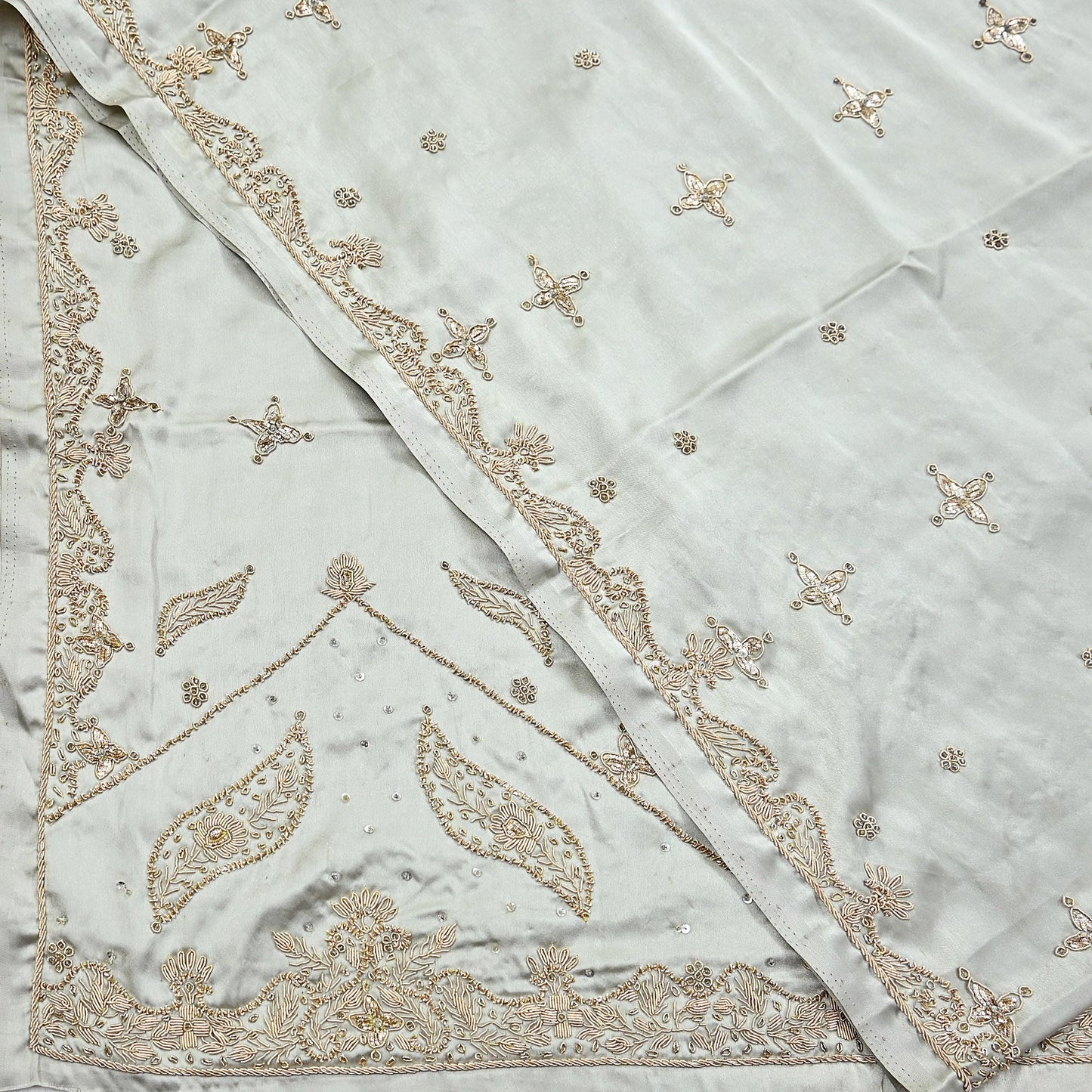 Indian Vintage Heavy Wedding Gray Dupatta Pure Satin Silk Long Stole Hand Embroidered Scarves Golden Zardozi Bridal Veil