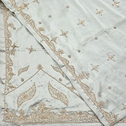Indian Vintage Heavy Wedding Gray Dupatta Pure Satin Silk Long Stole Hand Embroidered Scarves Golden Zardozi Bridal Veil