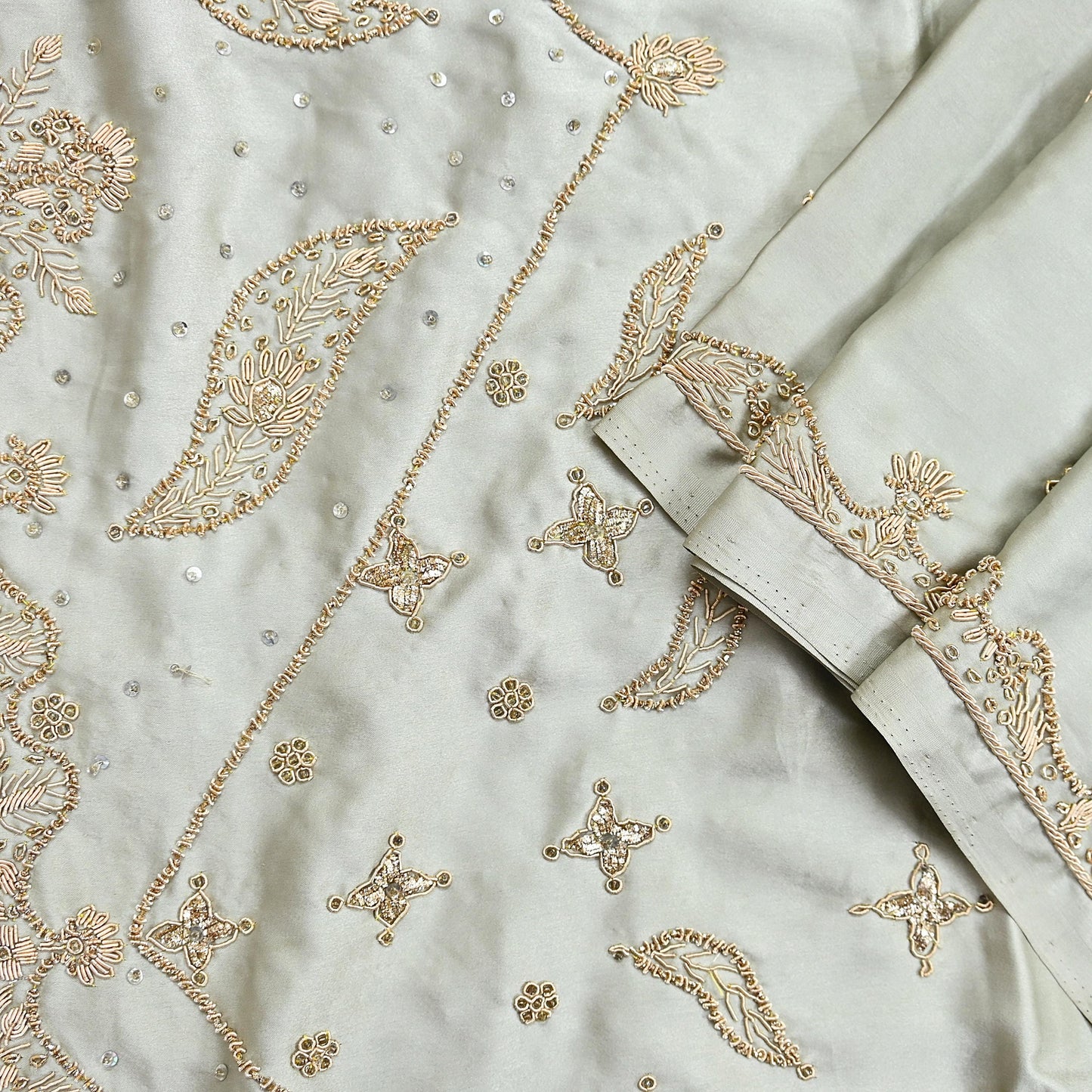 Indian Vintage Heavy Wedding Gray Dupatta Pure Satin Silk Long Stole Hand Embroidered Scarves Golden Zardozi Bridal Veil