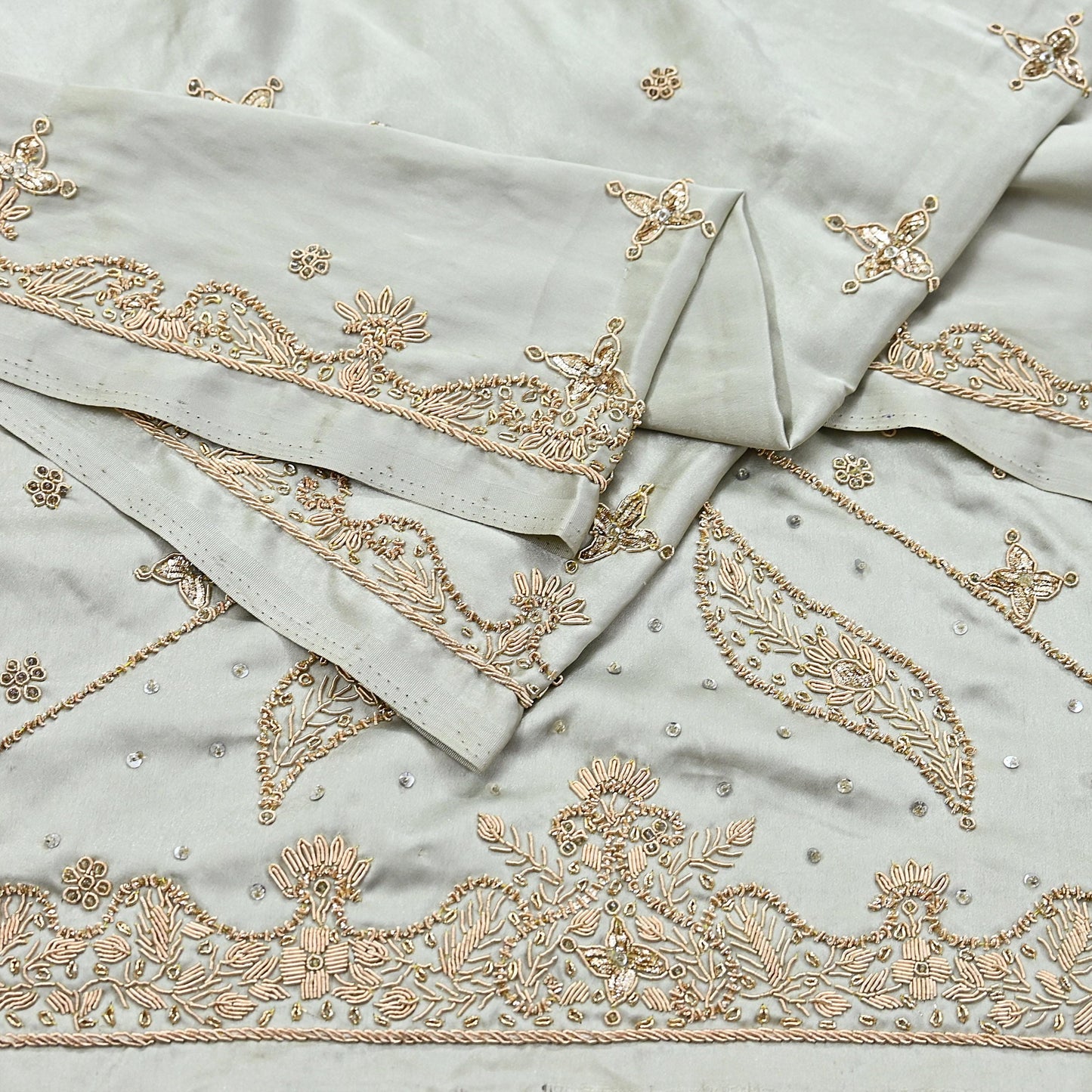 Indian Vintage Heavy Wedding Gray Dupatta Pure Satin Silk Long Stole Hand Embroidered Scarves Golden Zardozi Bridal Veil