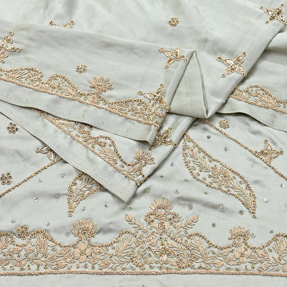 Indian Vintage Heavy Wedding Gray Dupatta Pure Satin Silk Long Stole Hand Embroidered Scarves Golden Zardozi Bridal Veil