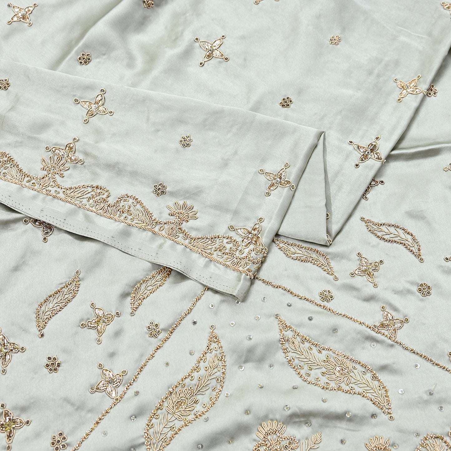 Indian Vintage Heavy Wedding Gray Dupatta Pure Satin Silk Long Stole Hand Embroidered Scarves Golden Zardozi Bridal Veil