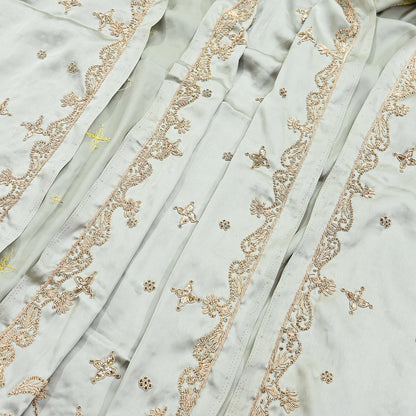 Indian Vintage Heavy Wedding Gray Dupatta Pure Satin Silk Long Stole Hand Embroidered Scarves Golden Zardozi Bridal Veil