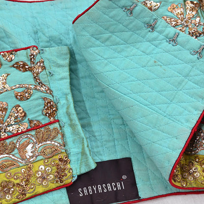 Indian Pre-owned Heavy Green Hand Embroidered By Designer Sabyasachi Padded Blouse/Top/Crop M Size Party wear Bollywood
