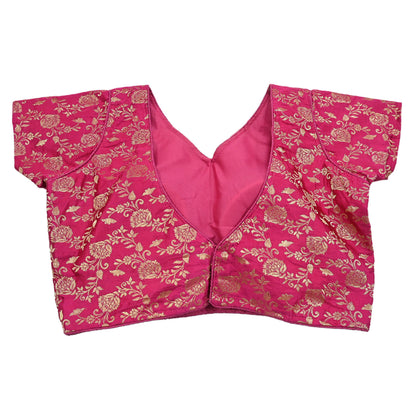Indian Rani Pink Satin silk Woven Brocade Blouse/Top/Crop M Size Party wear Bollywood