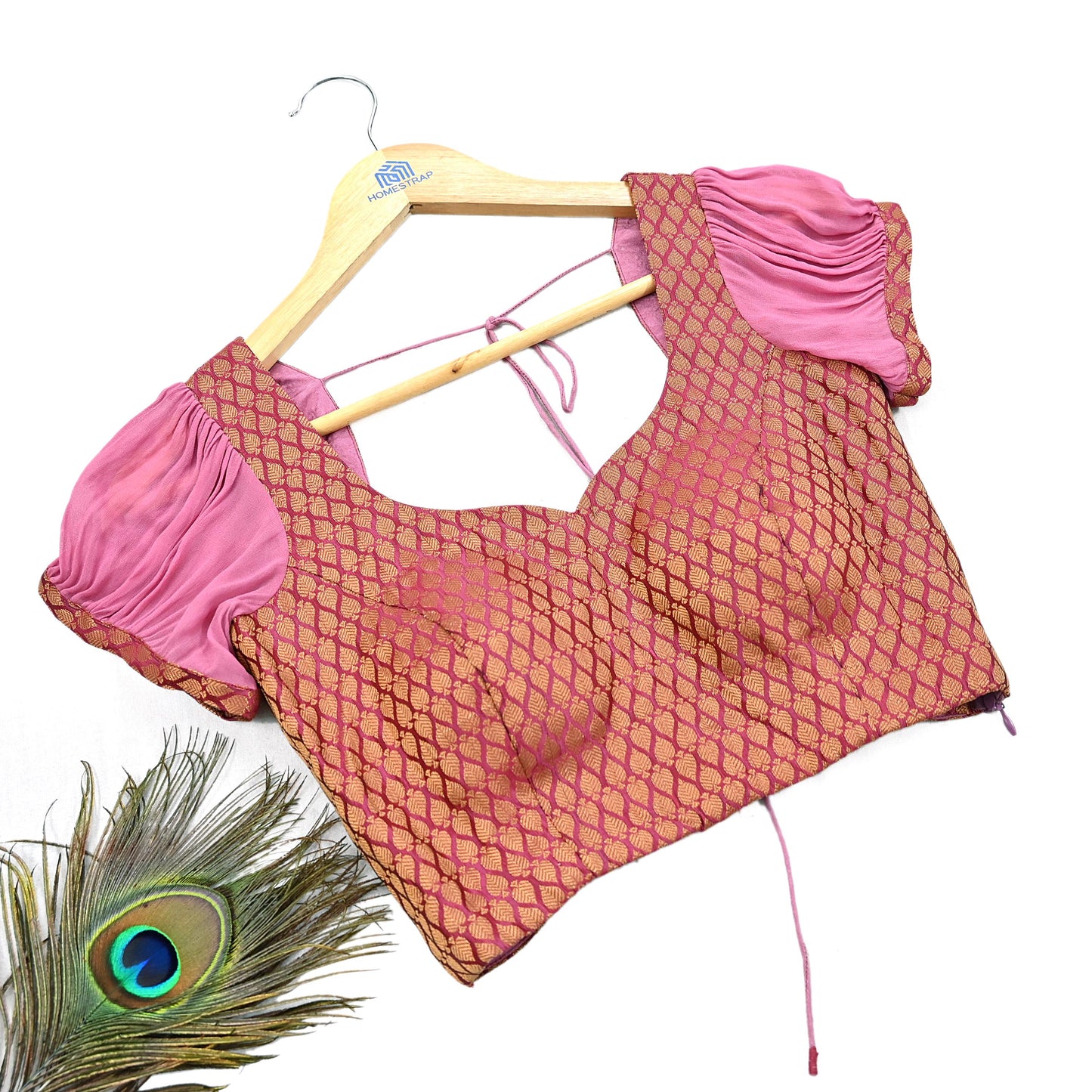 Indian Pink Woven Brocade Padded Blouse/Top/Crop Party wear Bollywood Blouse