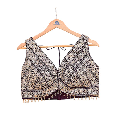 Indian Vintage Purple Raw silk Hand Embroidered sleeveless Padded Blouse/Top/Crop Party wear Bollywood