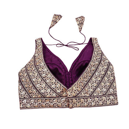 Indian Vintage Purple Raw silk Hand Embroidered sleeveless Padded Blouse/Top/Crop Party wear Bollywood
