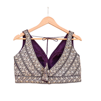 Indian Vintage Purple Raw silk Hand Embroidered sleeveless Padded Blouse/Top/Crop Party wear Bollywood