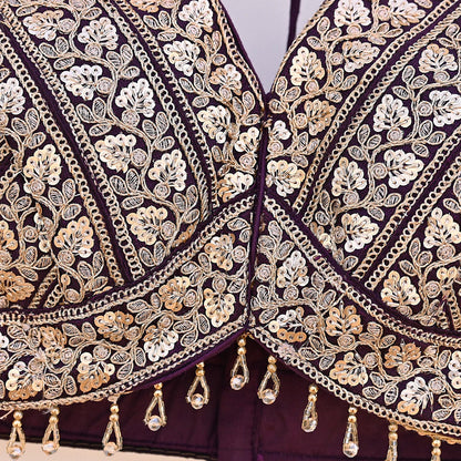Indian Vintage Purple Raw silk Hand Embroidered sleeveless Padded Blouse/Top/Crop Party wear Bollywood