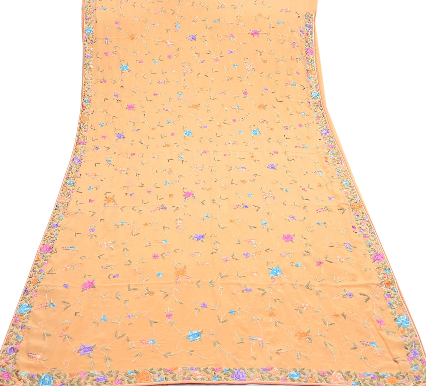 Indian Vintage Heavy Sari Peach Pure Crepe Silk Hand Embroidered Parsi Gara Sarees Craft Fabric 5Yd Sewing Dress making Wedding  Crafting