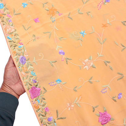 Indian Vintage Heavy Sari Peach Pure Crepe Silk Hand Embroidered Parsi Gara Sarees Craft Fabric 5Yd Sewing Dress making Wedding  Crafting