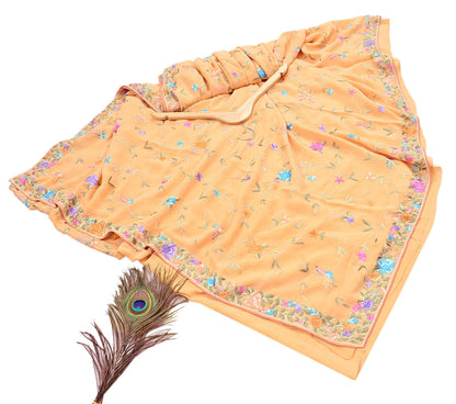 Indian Vintage Heavy Sari Peach Pure Crepe Silk Hand Embroidered Parsi Gara Sarees Craft Fabric 5Yd Sewing Dress making Wedding  Crafting