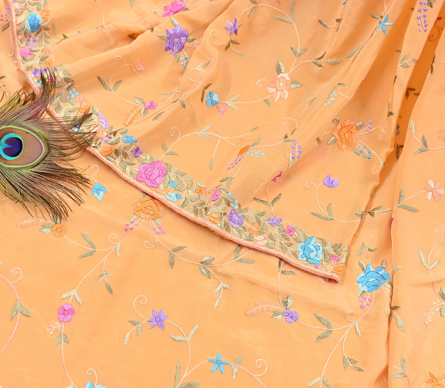 Indian Vintage Heavy Sari Peach Pure Crepe Silk Hand Embroidered Parsi Gara Sarees Craft Fabric 5Yd Sewing Dress making Wedding  Crafting