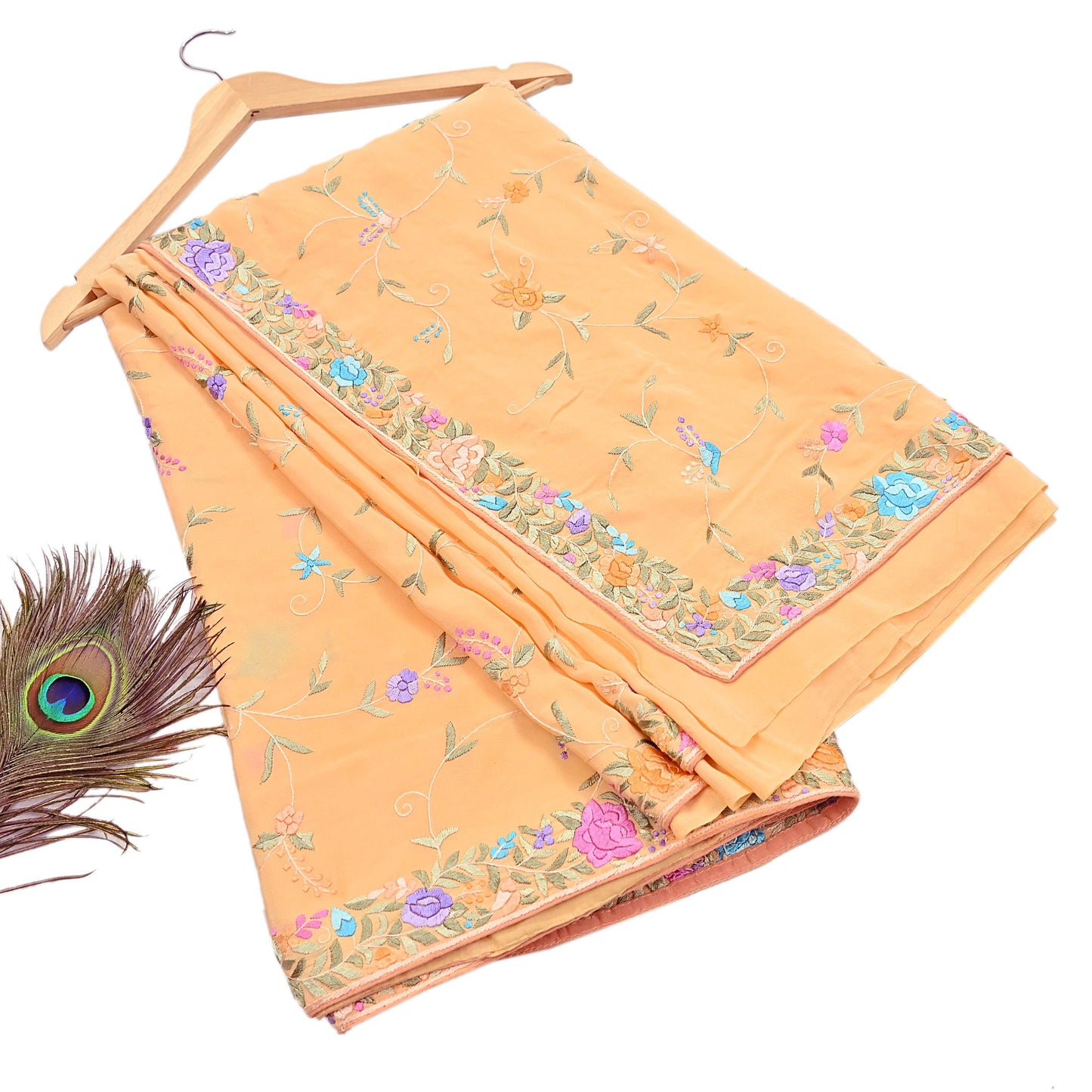 Indian Vintage Heavy Sari Peach Pure Crepe Silk Hand Embroidered Parsi Gara Sarees Craft Fabric 5Yd Sewing Dress making Wedding  Crafting