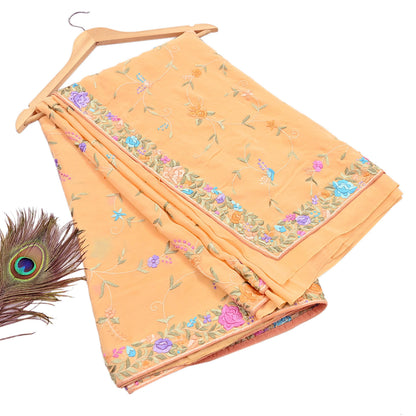 Indian Vintage Heavy Sari Peach Pure Crepe Silk Hand Embroidered Parsi Gara Sarees Craft Fabric 5Yd Sewing Dress making Wedding  Crafting