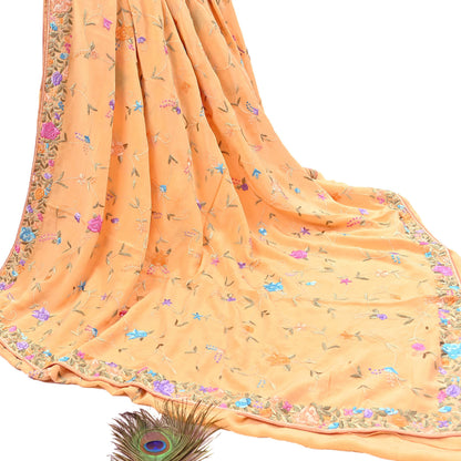 Indian Vintage Heavy Sari Peach Pure Crepe Silk Hand Embroidered Parsi Gara Sarees Craft Fabric 5Yd Sewing Dress making Wedding  Crafting