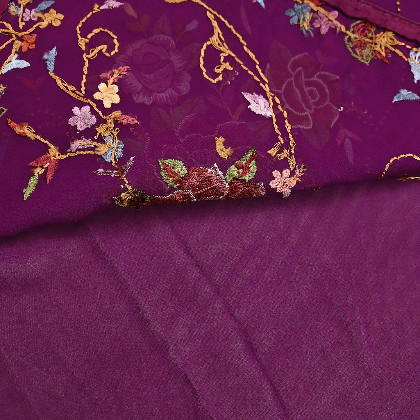 Indian Vintage Heavy Sari Purple Pure Georgette Silk Hand Embroidered Parsi Gara Sarees Craft Fabric 6Yd Sewing Dress making