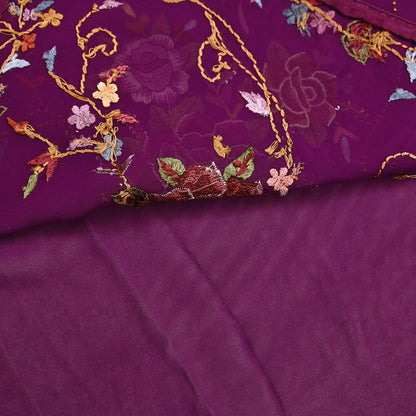 Indian Vintage Heavy Sari Purple Pure Georgette Silk Hand Embroidered Parsi Gara Sarees Craft Fabric 6Yd Sewing Dress making