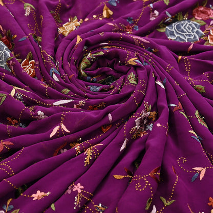 Indian Vintage Heavy Sari Purple Pure Georgette Silk Hand Embroidered Parsi Gara Sarees Craft Fabric 6Yd Sewing Dress making