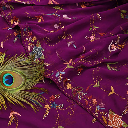 Indian Vintage Heavy Sari Purple Pure Georgette Silk Hand Embroidered Parsi Gara Sarees Craft Fabric 6Yd Sewing Dress making