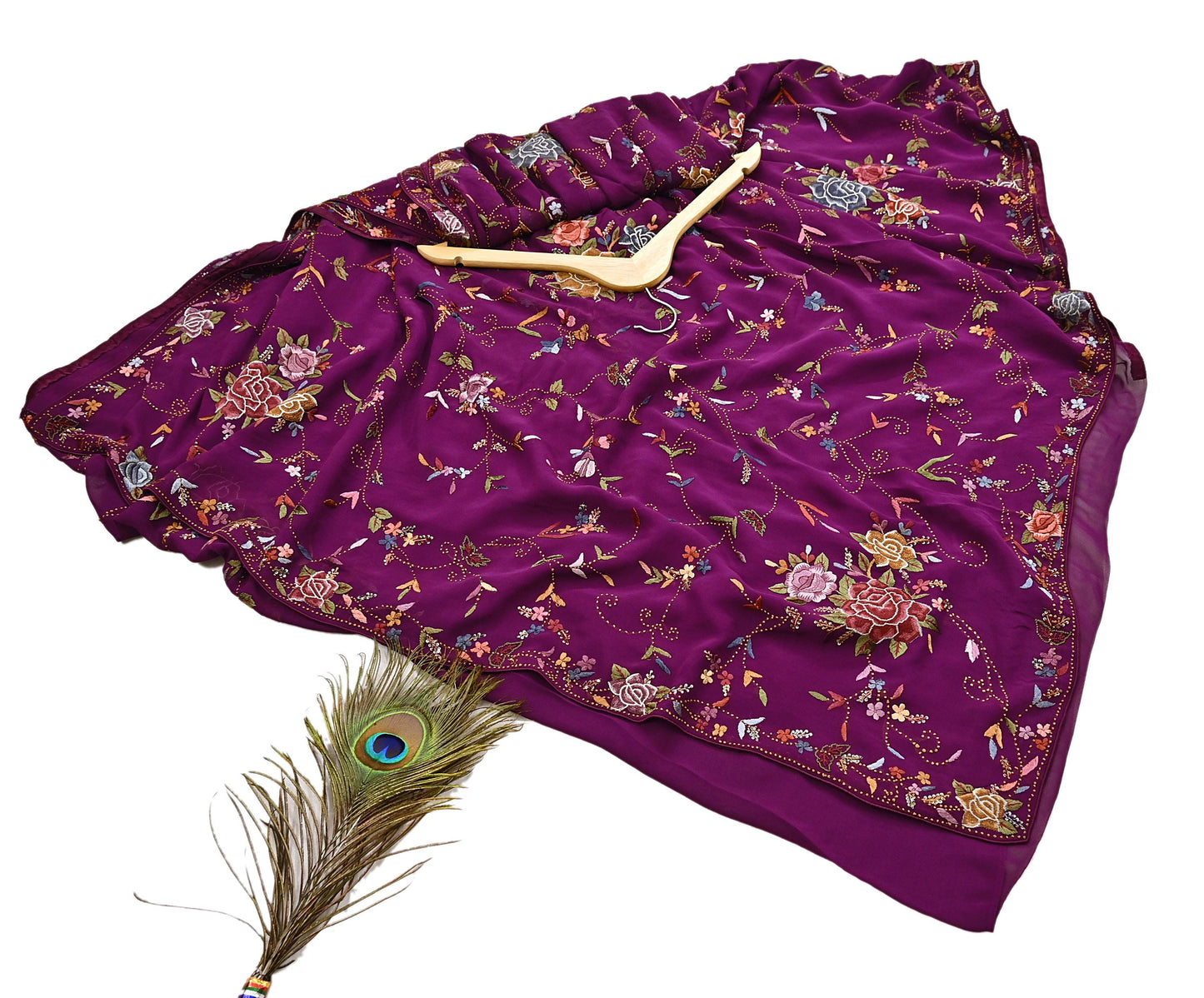 Indian Vintage Heavy Sari Purple Pure Georgette Silk Hand Embroidered Parsi Gara Sarees Craft Fabric 6Yd Sewing Dress making