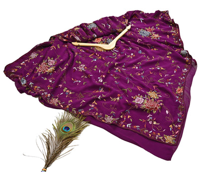 Indian Vintage Heavy Sari Purple Pure Georgette Silk Hand Embroidered Parsi Gara Sarees Craft Fabric 6Yd Sewing Dress making