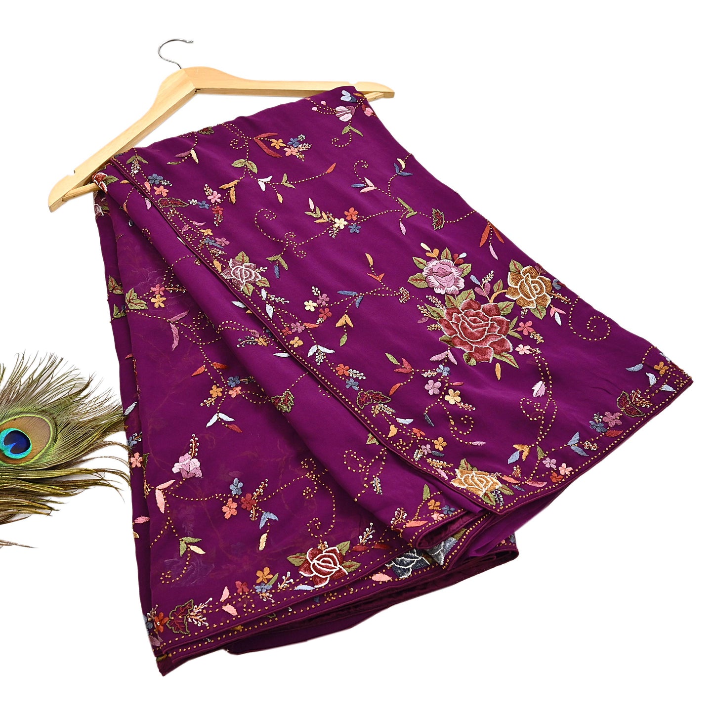 Indian Vintage Heavy Sari Purple Pure Georgette Silk Hand Embroidered Parsi Gara Sarees Craft Fabric 6Yd Sewing Dress making