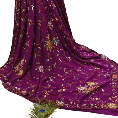 Indian Vintage Heavy Sari Purple Pure Georgette Silk Hand Embroidered Parsi Gara Sarees Craft Fabric 6Yd Sewing Dress making