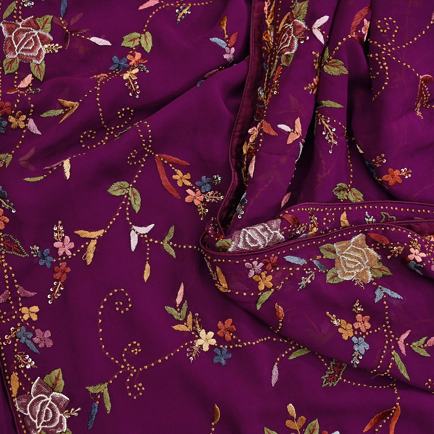 Indian Vintage Heavy Sari Purple Pure Georgette Silk Hand Embroidered Parsi Gara Sarees Craft Fabric 6Yd Sewing Dress making