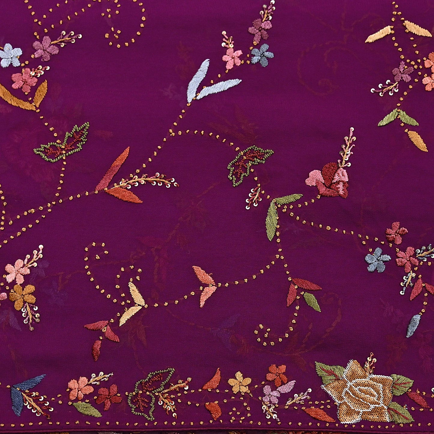 Indian Vintage Heavy Sari Purple Pure Georgette Silk Hand Embroidered Parsi Gara Sarees Craft Fabric 6Yd Sewing Dress making