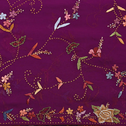 Indian Vintage Heavy Sari Purple Pure Georgette Silk Hand Embroidered Parsi Gara Sarees Craft Fabric 6Yd Sewing Dress making
