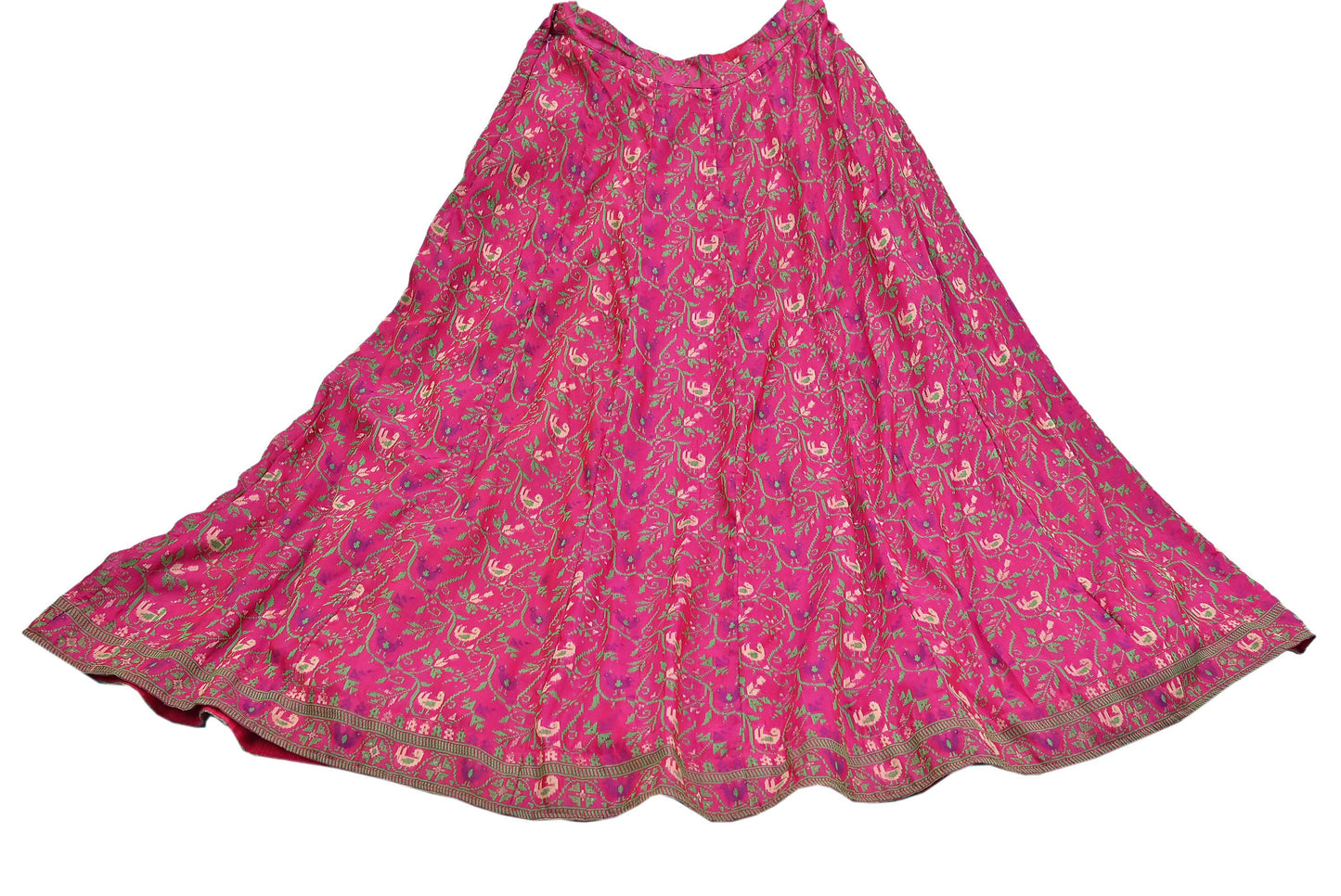 Indian Vintage Pink Pure Silk Hand woven Skirt Lehenga zari work birds designs