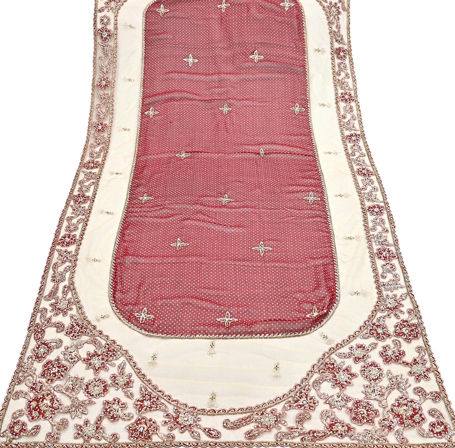 Indian Vintage Heavy Beige & Red Dupatta Net/ Georgette Mesh Long Stole Hand Embroidered Bandhani Scarves Zardozi Zari Hijab Veil wrap