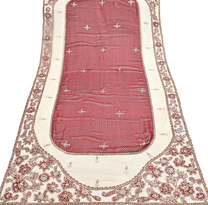 Indian Vintage Heavy Beige & Red Dupatta Net/ Georgette Mesh Long Stole Hand Embroidered Bandhani Scarves Zardozi Zari Hijab Veil wrap
