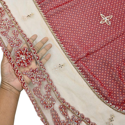 Indian Vintage Heavy Beige & Red Dupatta Net/ Georgette Mesh Long Stole Hand Embroidered Bandhani Scarves Zardozi Zari Hijab Veil wrap