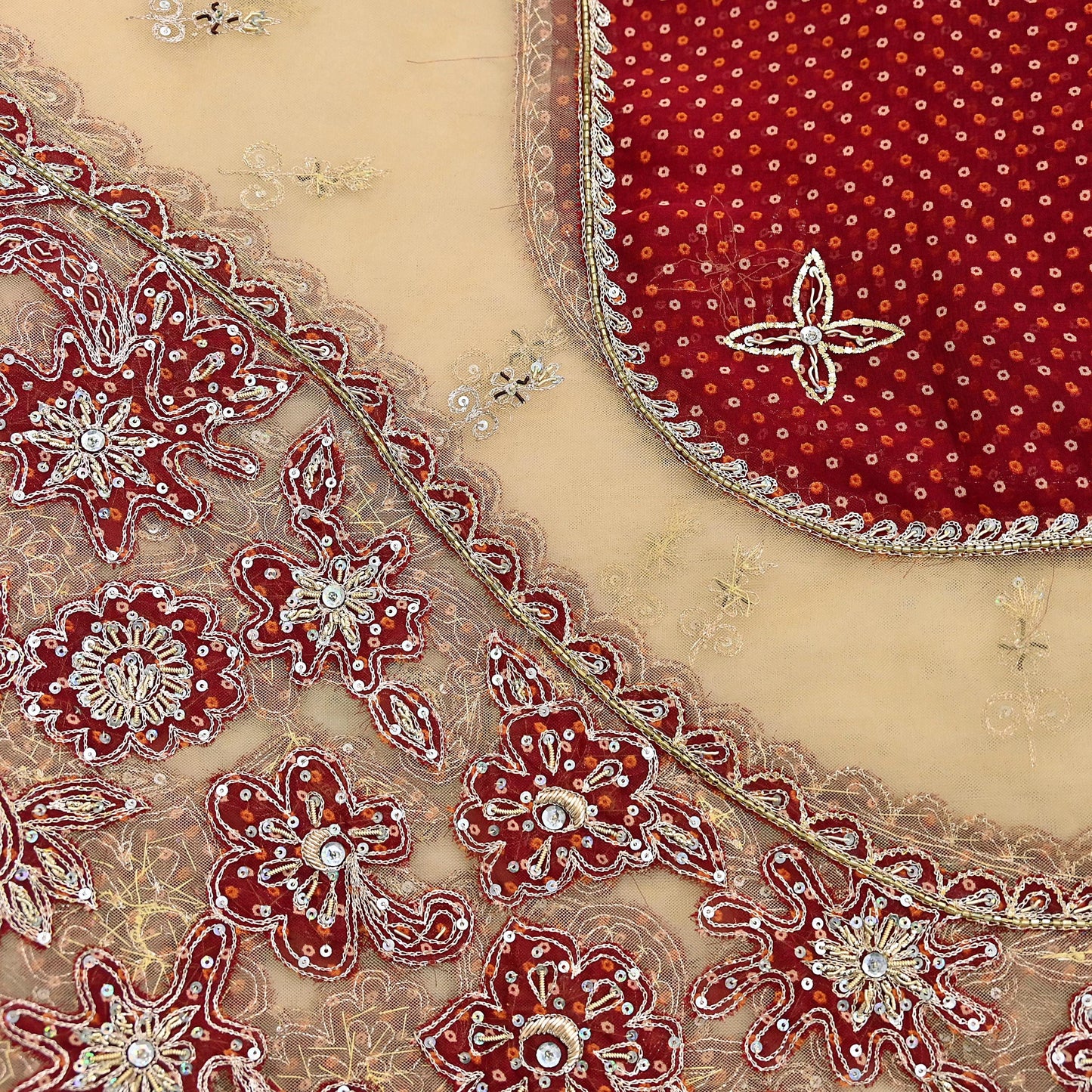 Indian Vintage Heavy Beige & Red Dupatta Net/ Georgette Mesh Long Stole Hand Embroidered Bandhani Scarves Zardozi Zari Hijab Veil wrap
