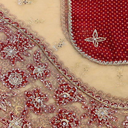Indian Vintage Heavy Beige & Red Dupatta Net/ Georgette Mesh Long Stole Hand Embroidered Bandhani Scarves Zardozi Zari Hijab Veil wrap