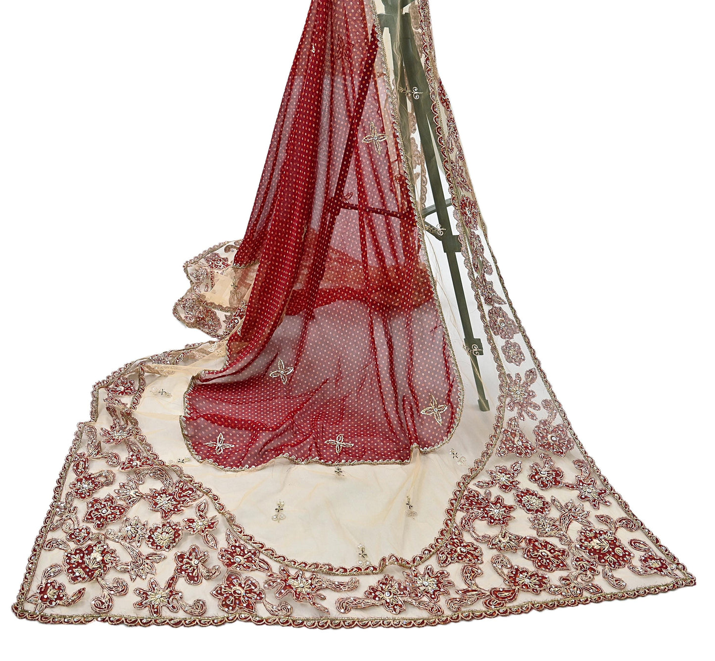 Indian Vintage Heavy Beige & Red Dupatta Net/ Georgette Mesh Long Stole Hand Embroidered Bandhani Scarves Zardozi Zari Hijab Veil wrap
