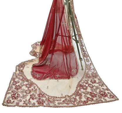 Indian Vintage Heavy Beige & Red Dupatta Net/ Georgette Mesh Long Stole Hand Embroidered Bandhani Scarves Zardozi Zari Hijab Veil wrap