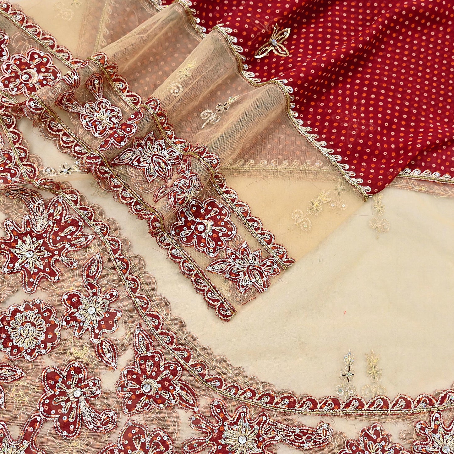 Indian Vintage Heavy Beige & Red Dupatta Net/ Georgette Mesh Long Stole Hand Embroidered Bandhani Scarves Zardozi Zari Hijab Veil wrap
