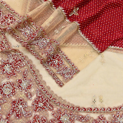 Indian Vintage Heavy Beige & Red Dupatta Net/ Georgette Mesh Long Stole Hand Embroidered Bandhani Scarves Zardozi Zari Hijab Veil wrap