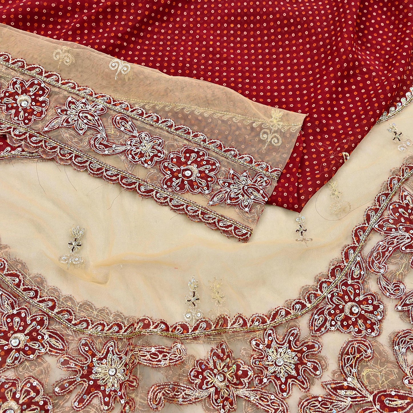 Indian Vintage Heavy Beige & Red Dupatta Net/ Georgette Mesh Long Stole Hand Embroidered Bandhani Scarves Zardozi Zari Hijab Veil wrap