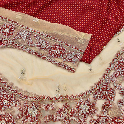 Indian Vintage Heavy Beige & Red Dupatta Net/ Georgette Mesh Long Stole Hand Embroidered Bandhani Scarves Zardozi Zari Hijab Veil wrap