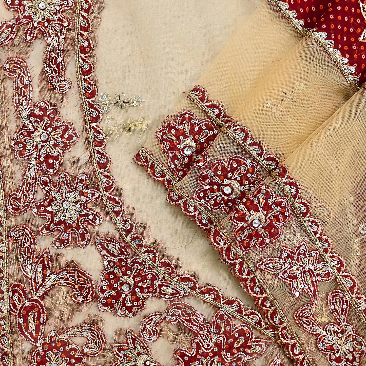 Indian Vintage Heavy Beige & Red Dupatta Net/ Georgette Mesh Long Stole Hand Embroidered Bandhani Scarves Zardozi Zari Hijab Veil wrap