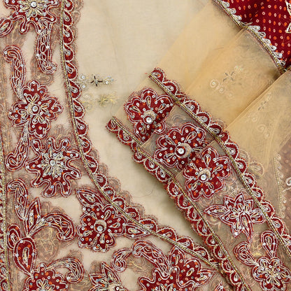 Indian Vintage Heavy Beige & Red Dupatta Net/ Georgette Mesh Long Stole Hand Embroidered Bandhani Scarves Zardozi Zari Hijab Veil wrap