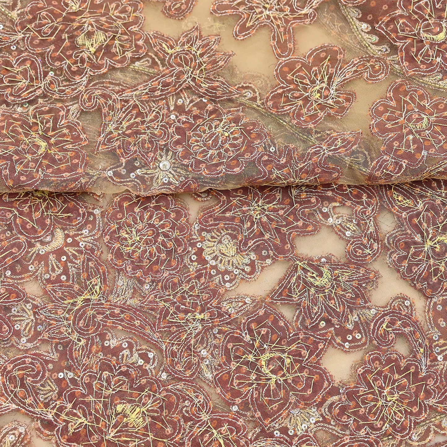 Indian Vintage Heavy Beige & Red Dupatta Net/ Georgette Mesh Long Stole Hand Embroidered Bandhani Scarves Zardozi Zari Hijab Veil wrap